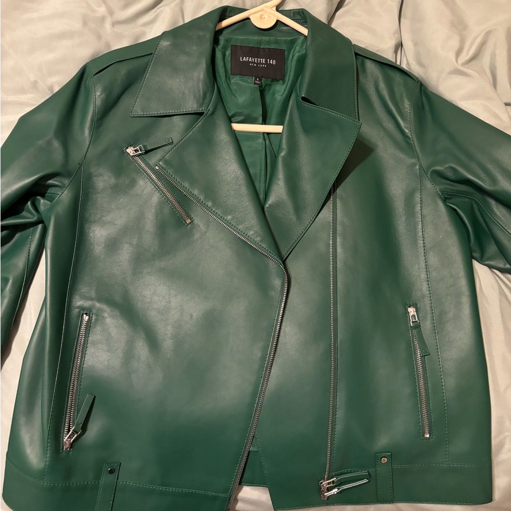 Lafayette 148 lamb skin green leather jacket